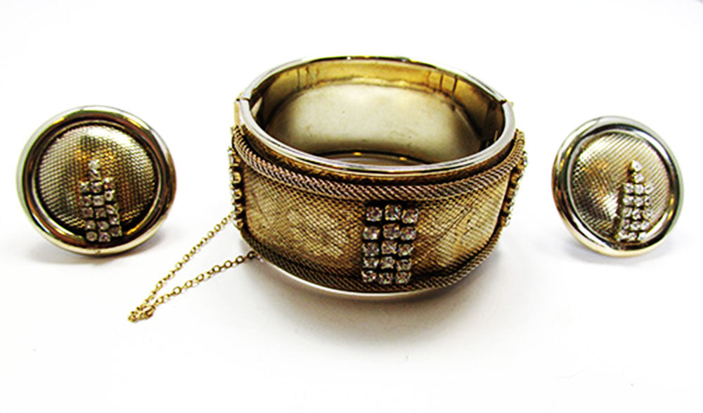 Vargas 1940s Vintage Bold Retro Diamante Cuff Bracelet and Earrings - Front