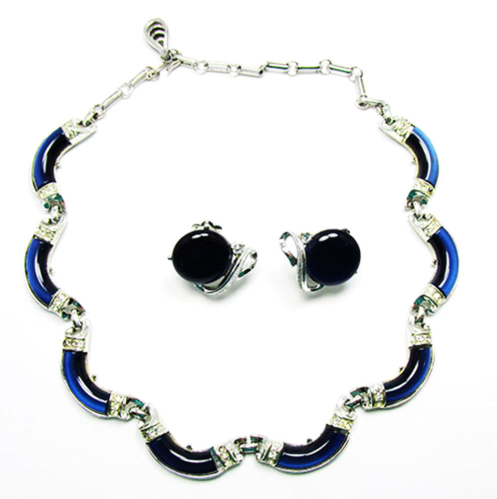 Coro 1950s Vintage Jewelry Navy Diamante Necklace and Earrings Set - Front