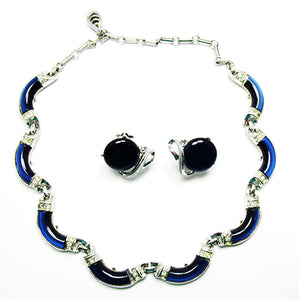 Coro 1950s Vintage Jewelry Navy Diamante Necklace and Earrings Set - Front