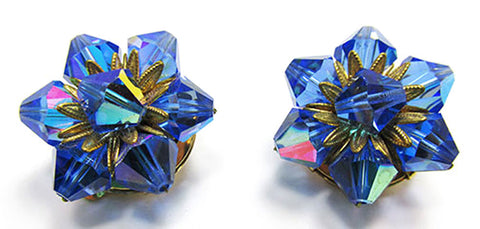 Vintage Jewelry 1960s Sparkling Retro Sapphire Crystal Floral Earrings - Front