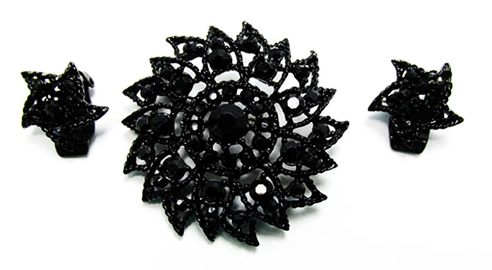 Vintage 1950s Jewelry Striking Black Diamante Floral Pin and Earrings - Front