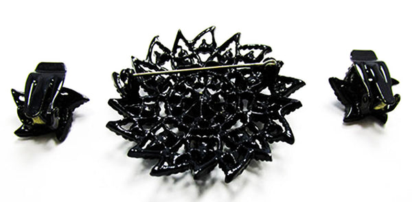 Vintage 1950s Jewelry Striking Black Diamante Floral Pin and Earrings - Back