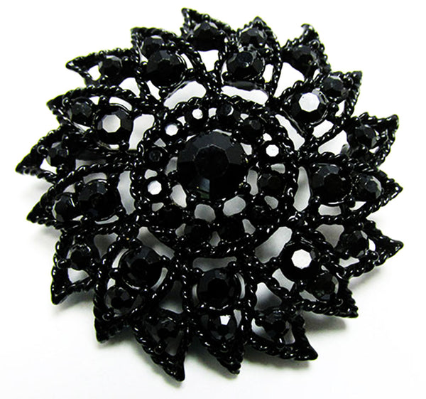 Vintage 1950s Jewelry Striking Black Diamante Floral Pin and Earrings - Pin