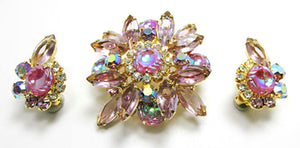 Vintage Jewelry 1950s Mid-Century Diamante Floral Pin and Earrings Set - Front