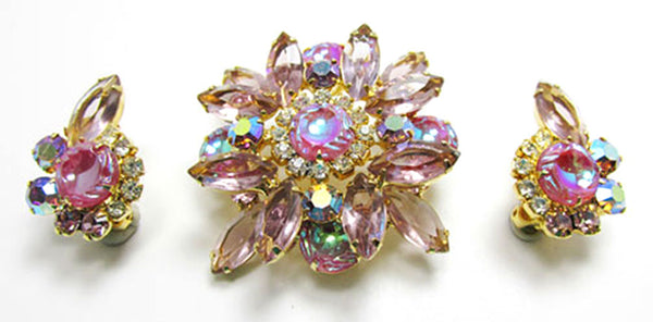 Vintage Jewelry 1950s Mid-Century Diamante Floral Pin and Earrings Set - Front
