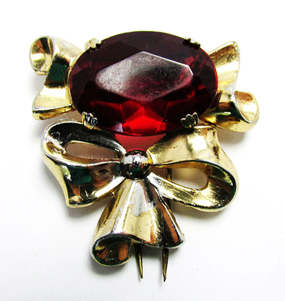 Coro Vintage 1940s Designer Jewelry Ruby Red Diamante Bow Fur Clip - Front