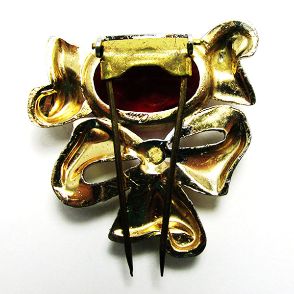 Coro Vintage 1940s Designer Jewelry Ruby Red Diamante Bow Fur Clip - Back