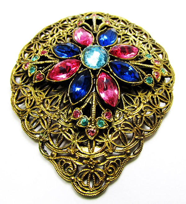 Vintage 1930s Art Deco Multi-Color Rhinestone Gold Dress Clip - Front
