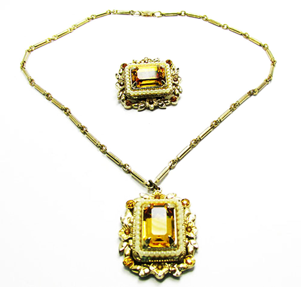 Coro 1950s Designer Vintage Jewelry Citrine Diamante Pin and Necklace - Front