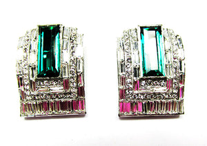 KTF (Trifari) Vintage 1930s Art Deco Emerald Diamante Rare Dress Clips - Front