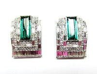 KTF (Trifari) Vintage 1930s Art Deco Emerald Diamante Rare Dress Clips - Front - Thumbnail
