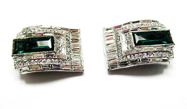 KTF (Trifari) Vintage 1930s Art Deco Emerald Diamante Rare Dress Clips - Front