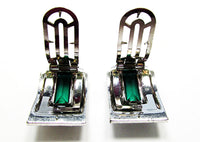 KTF (Trifari) Vintage 1930s Art Deco Emerald Diamante Rare Dress Clips - Back - Thumbnail