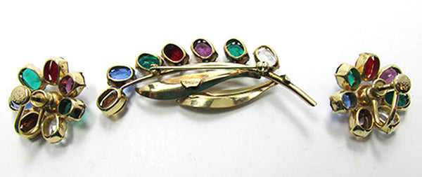 Van Dell Vintage Jewelry 1940s Diamante Floral Pin and Earrings Set - Back