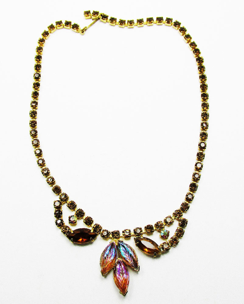 Vintage 1950s Elegant Mid-Century Topaz Diamante Floral Necklace - Front