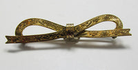 Vintage Retro 1920s Minimalist Gold Engraved Floral Ribbon Bow Pin - Thumbnail