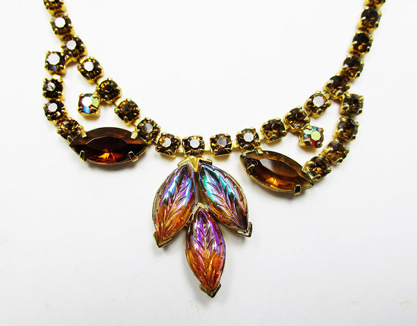Vintage 1950s Elegant Mid-Century Topaz Diamante Floral Necklace - Close Up
