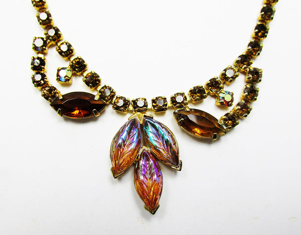 Vintage 1950s Elegant Mid-Century Topaz Diamante Floral Necklace - Close Up