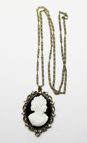 Charming 1950s Vintage Mid-Century Cameo and Diamante Pendant - Front