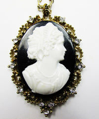 Charming 1950s Vintage Mid-Century Cameo and Diamante Pendant - Close Up - Thumbnail