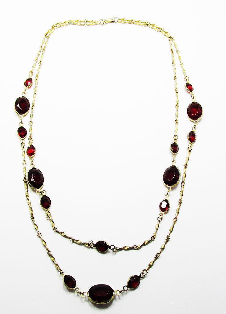 Vintage 1970s Contemporary Style Double Strand Ruby Diamante Necklace - Front