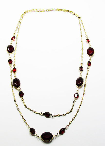 Vintage 1970s Contemporary Style Double Strand Ruby Diamante Necklace - Front