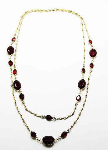 Vintage 1970s Contemporary Style Double Strand Ruby Diamante Necklace - Front
