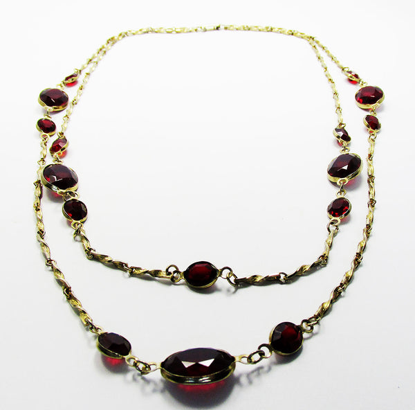 Vintage 1970s Contemporary Style Double Strand Ruby Diamante Necklace -  Front