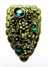 Vintage 1920s Jewelry Art Nouveau Emerald Diamante Brass Dress Clip - Front - Thumbnail