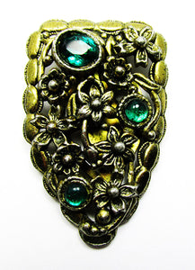 Vintage 1920s Jewelry Art Nouveau Emerald Diamante Brass Dress Clip - Front
