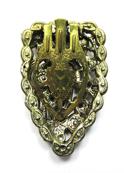 Vintage 1920s Jewelry Art Nouveau Emerald Diamante Brass Dress Clip - Clip Mechanism