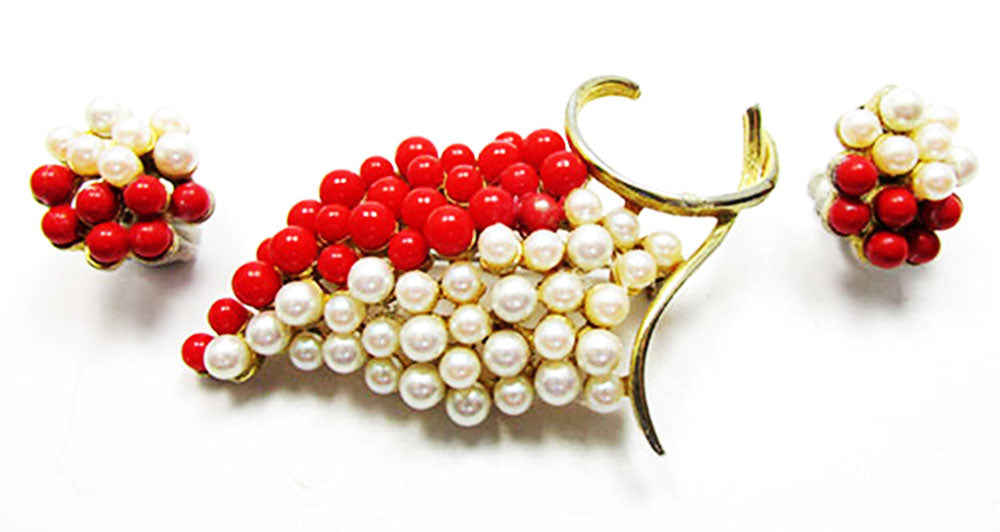 Vintage 1950s Jewelry Elegant Pearl and Coral Grape Pin and Earrings - Front