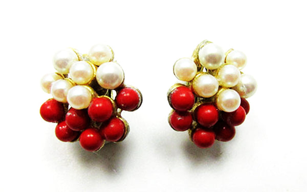 Vintage 1950s Jewelry Elegant Pearl and Coral Grape Pin and Earrings - Earrings