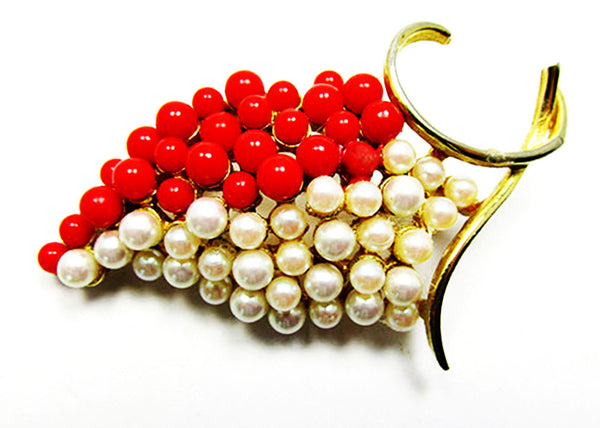 Vintage 1950s Jewelry Elegant Pearl and Coral Grape Pin and Earrings - Pin