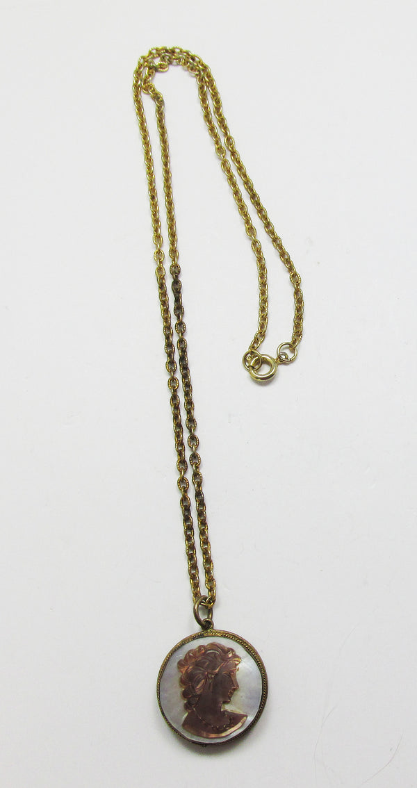 Vintage 1940s Striking Mother of Pearl Cameo Necklace