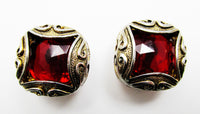 Vintage 1960s Bold Mid-Century Red Diamante Geometric Earrings - Front - Thumbnail