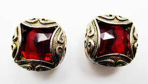 Vintage 1960s Bold Mid-Century Red Diamante Geometric Earrings - Front