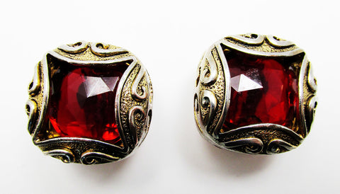 Vintage 1960s Bold Mid-Century Red Diamante Geometric Earrings - Front