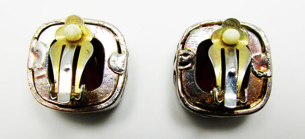 Vintage 1960s Bold Mid-Century Red Diamante Geometric Earrings - Back