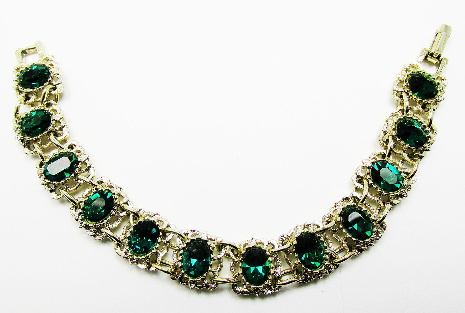 1960s Dazzling Vintage Mid-Century Green Diamante Link Bracelet