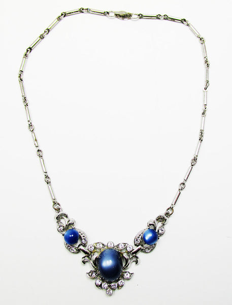 Coro Vintage 1950s Mid-Century Sapphire Cabochon Diamante Necklace - Front