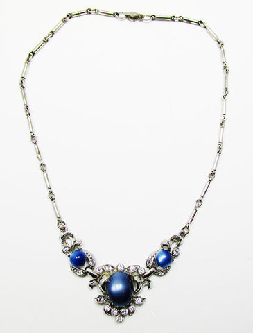 Coro Vintage 1950s Mid-Century Sapphire Cabochon Diamante Necklace - Front