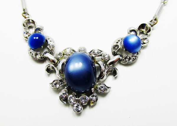Coro Vintage 1950s Mid-Century Sapphire Cabochon Diamante Necklace - Close Up