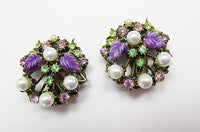 Vintage 1950s Dazzling Rhinestone and Pearl Floral Button Earrings - Thumbnail