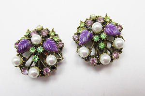 Vintage 1950s Dazzling Rhinestone and Pearl Floral Button Earrings
