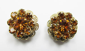 Vintage 1950s Dazzling Topaz Rhinestone Floral Button Earrings