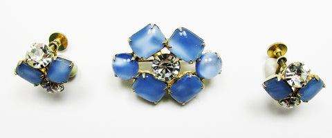 Vintage Mid-Century Blue Diamante Geometric Pin and Earrings Set - Front