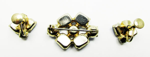 Vintage Mid-Century Blue Diamante Geometric Pin and Earrings Set - Back