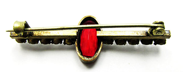 1930s Vintage Jewelry Retro Eye-Catching Ruby Diamante Brass Bar Pin - Back