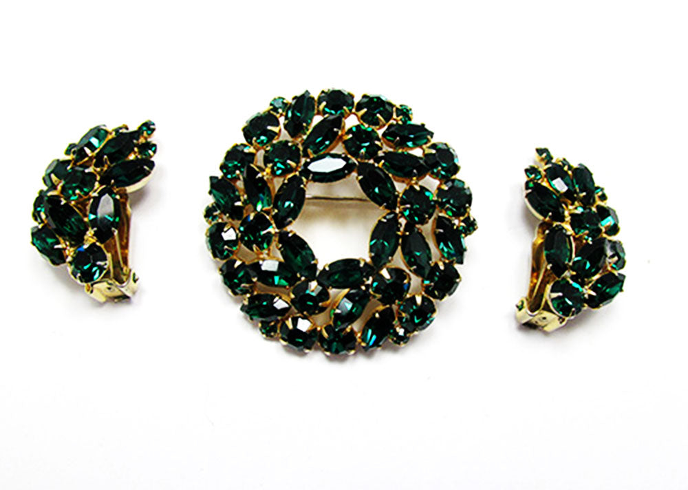 Weiss 1950s Vintage Beautiful Emerald Diamante Pin and Earrings - Front